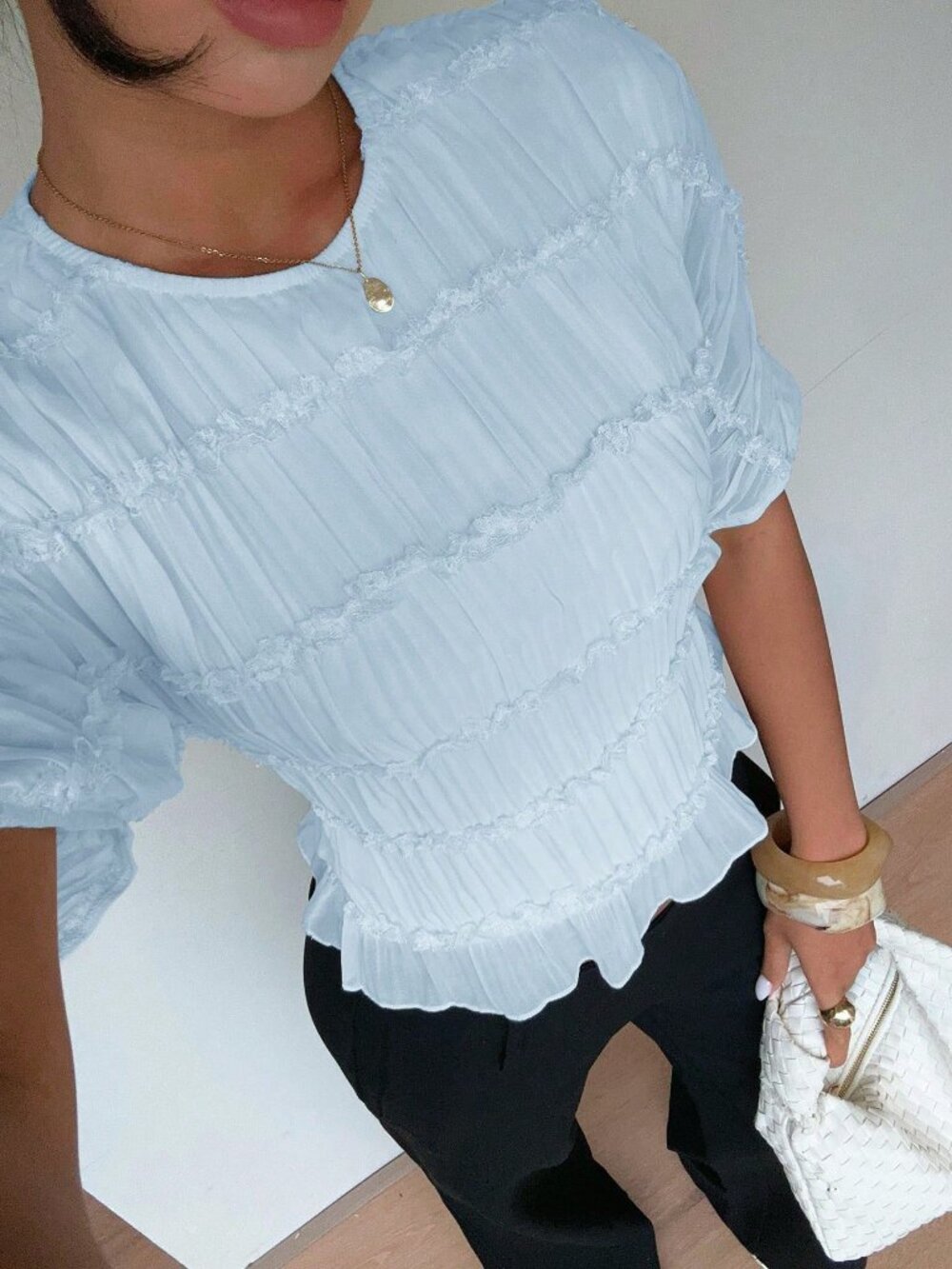 Baby Blue Casual Women's Elegant Baby Multi-Layer Lace Ruffle Crew Neck Blouse - Picture 3 of 7